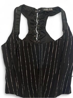 I.AM.GIA Black Pinstripe Lace-Up Corset Tank